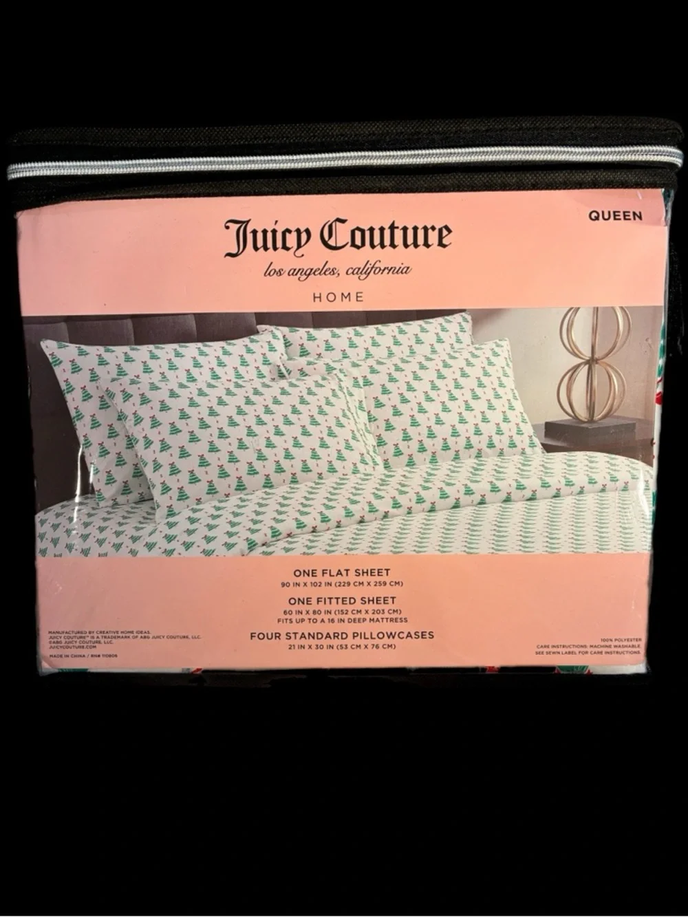 Juicy Couture Queen Sheet Set in White and Green Tree Print
